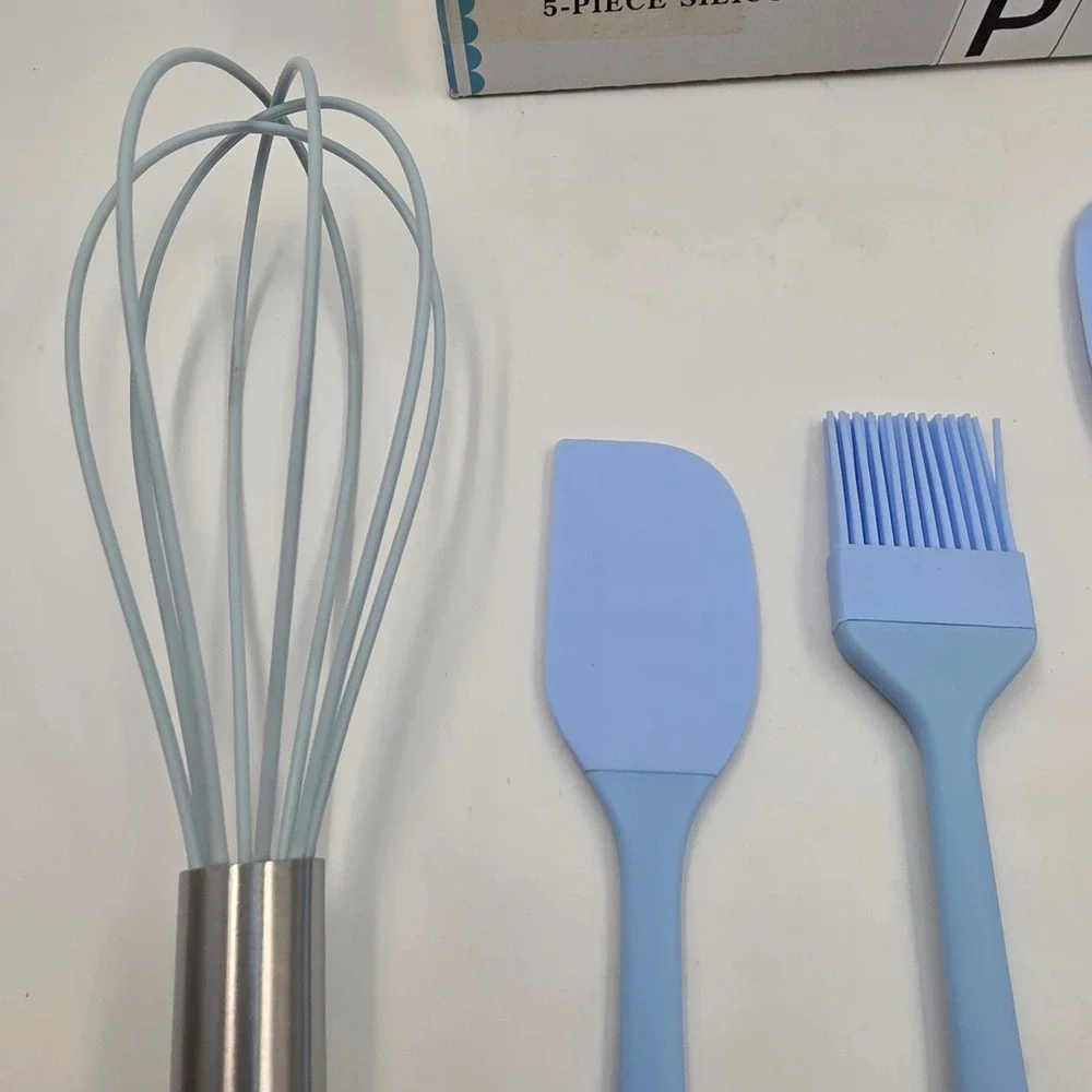 Easy Baking 5 Piece Silicone Kitchen Utensil Set Blue Spatula Whisk Brush BPA L4